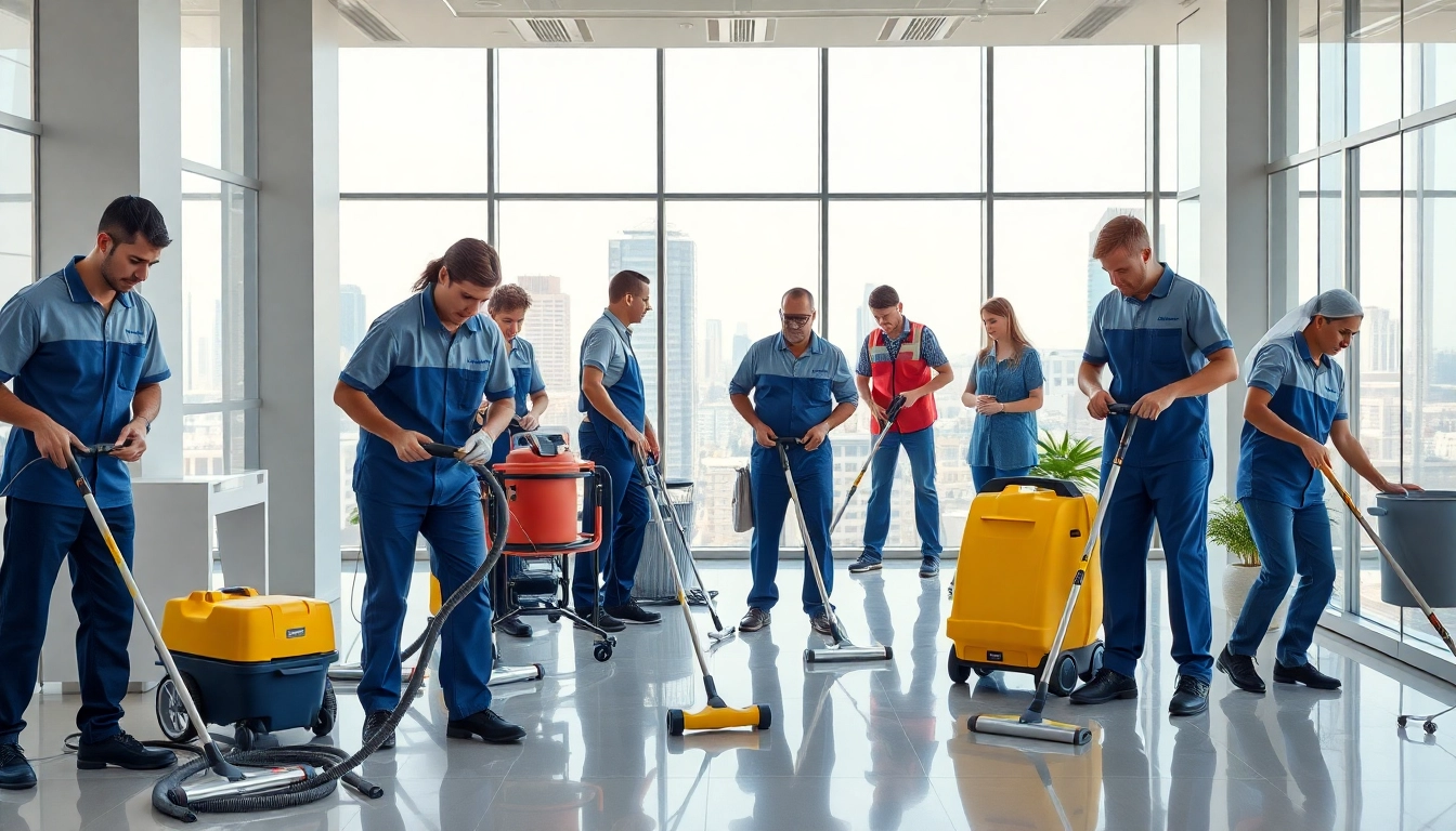 Die gebäudereinigung berlin zeigt ein Reinigungsteam, das in einem modernen Büro arbeitet.