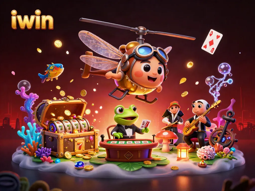 Engage with iwin's thrilling casino scene featuring vibrant games and characters in 3D.
