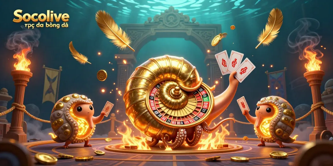 Socolive trực tiếp bóng đá showcases a vibrant scene with a giant nautilus roulette wheel and glowing ammonite companions, enhancing betting excitement.