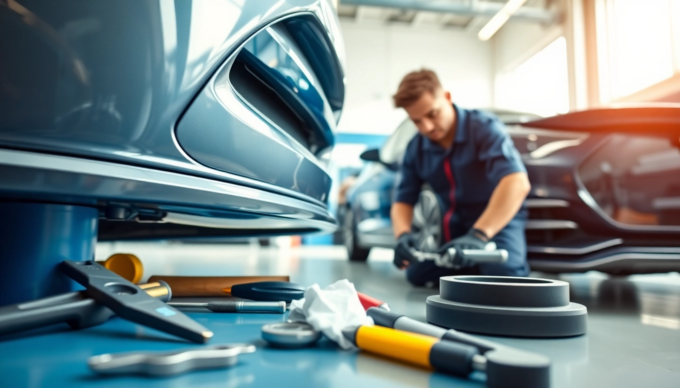 Stoßstange reparieren München in a professional auto repair setting with a technician at work.