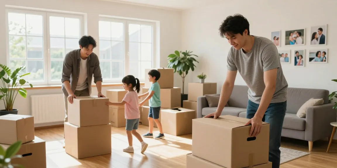 Umzugsunternehmen Bruchsal: Familie packt Umzugskisten in hellem Wohnzimmer, fröhliche Atmosphäre.