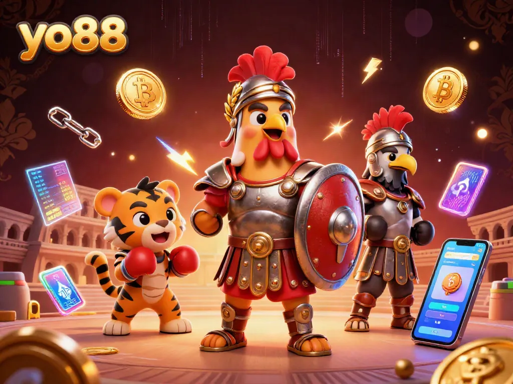 Engage with yo88 online casino through a dynamic, vibrant gaming scene with gladiator rooster and crypto themes.