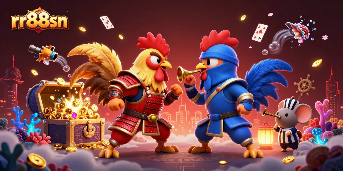 rr88sn showcases exciting twin roosters in combat over gold and gems amidst a dynamic casino backdrop.