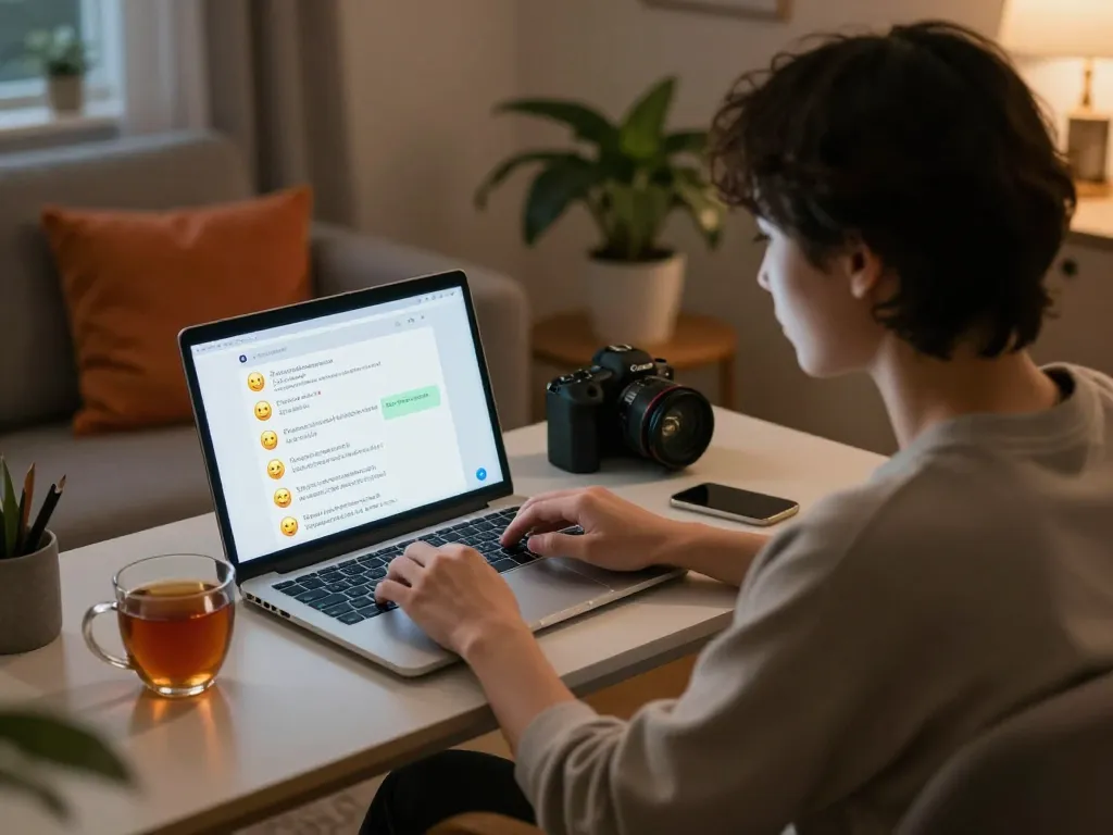 Interactive home office scene showcasing a young adult enjoying a sex AI chat on a laptop, highlighting the engaging digital conversation.