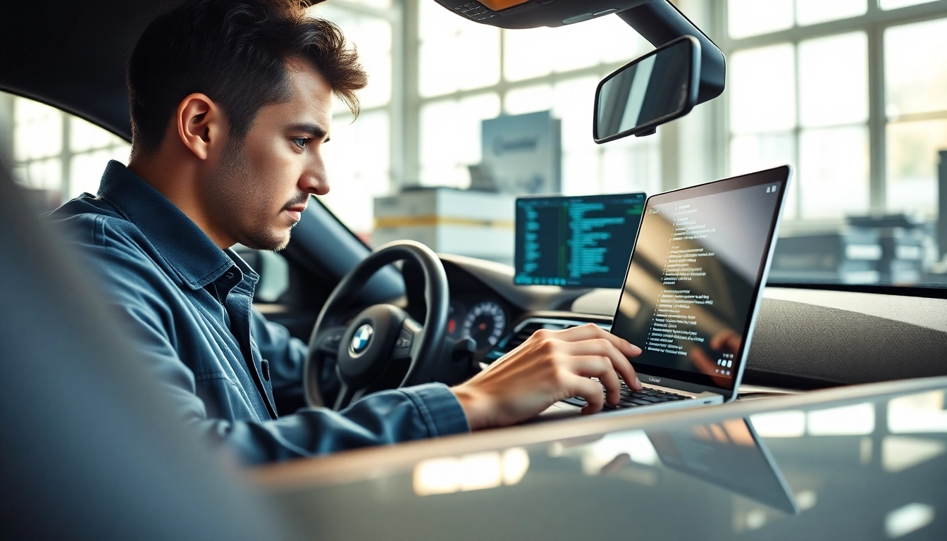 BMW Codierer arbeitet an einem Fahrzeugdashboard mit modernen Tools und Bildschirmen.