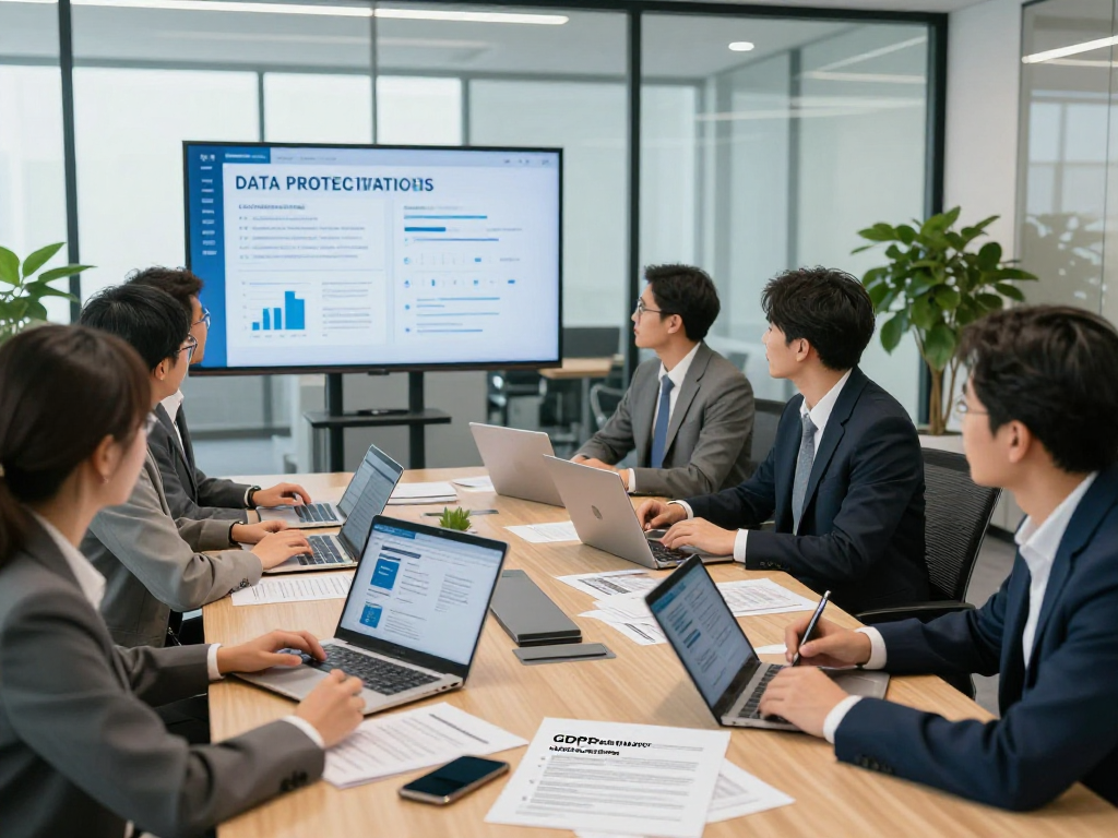 Wissen / Blog-Hub: Teamarbeit zur DSGVO-Konformität in einem modernen Büro.
