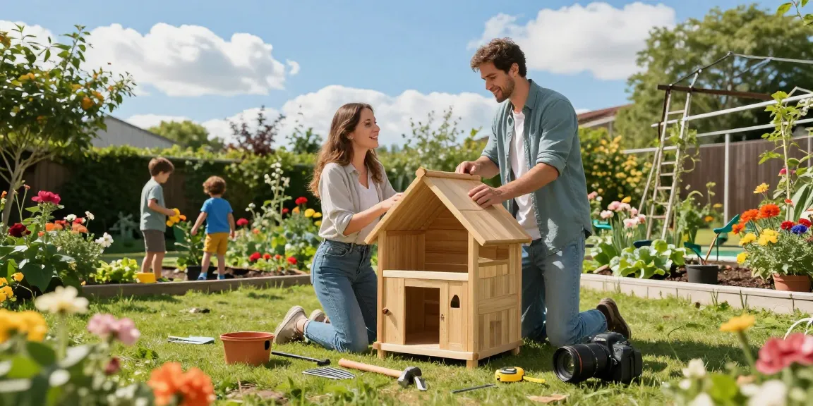 Gartenhäuser im Aufbau mit einer Familie im Garten, umgeben von Blumen und Spielzeug.