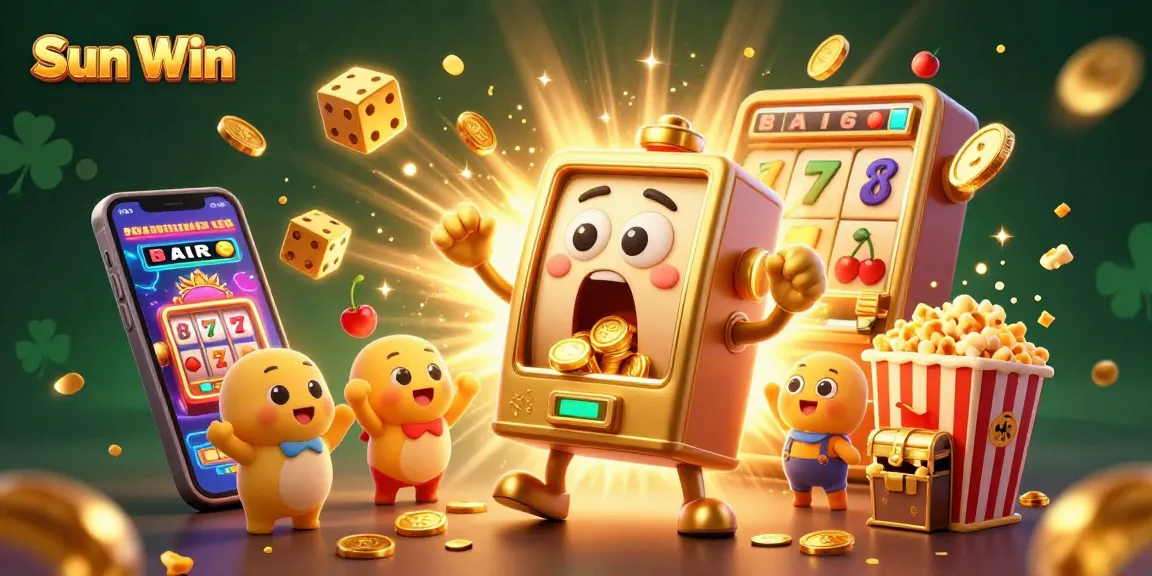 Engage with Sun Win in a vibrant winning experience as a golden slot machine hits a jackpot surrounded by cheering characters.