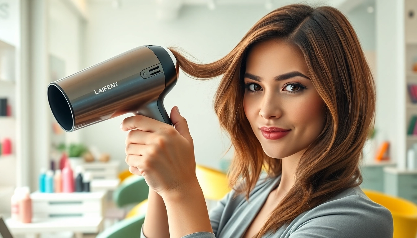 Der Laifen Swift Haartrockner in Aktion, dabei wird professionell Haar frisiert.