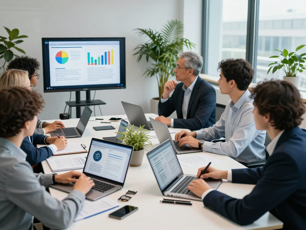 Team collaboration on Wissen / Blog-Hub and DSGVO compliance in a professional office.