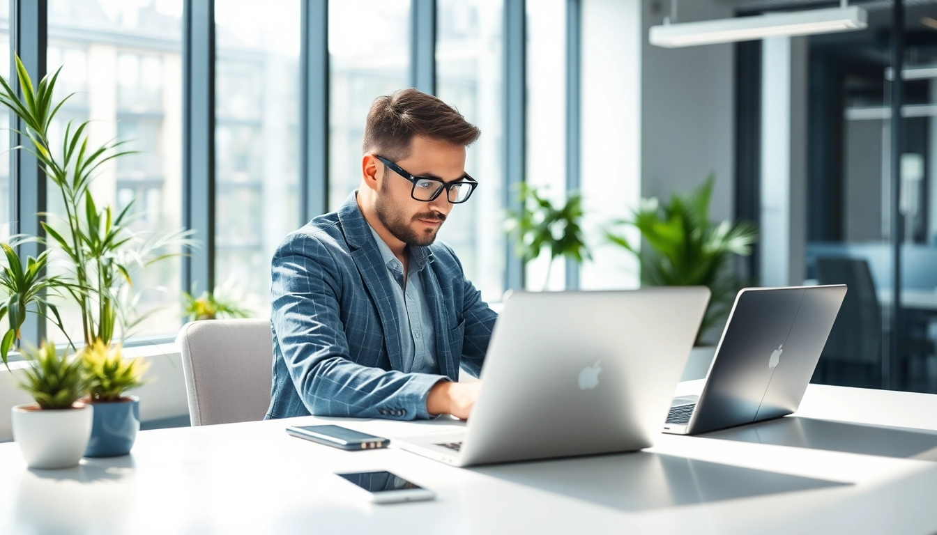 Headhunter Sales im modernen Büro, konzentriert an einem Schreibtisch mit Laptops.