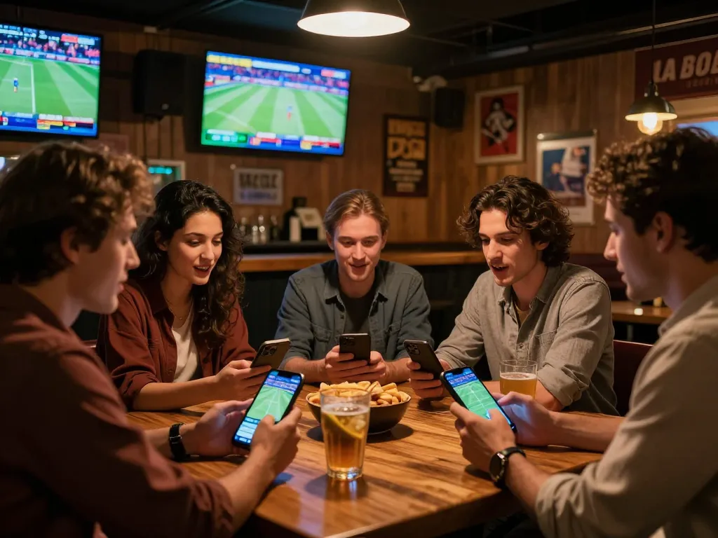 Engaged friends discussing kèo nhà cái while watching live sports in a cozy sports bar
