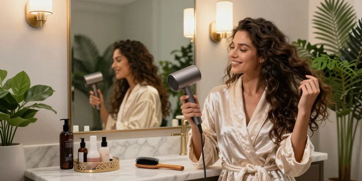 Individual using a mini blow dryer in a stylish bathroom for an elegant beauty routine.