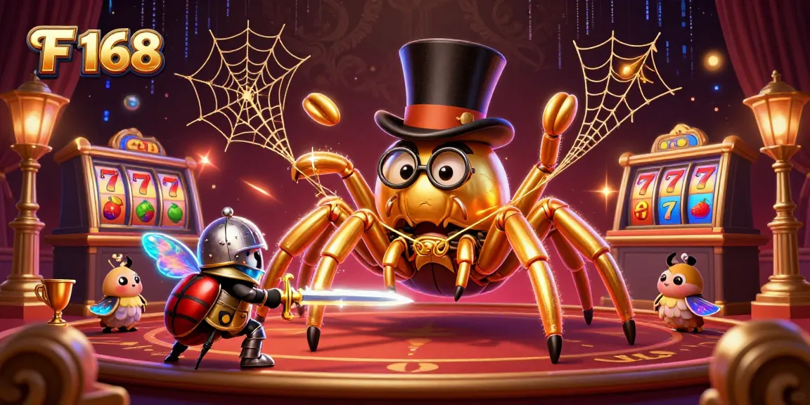 Engage with the exciting world of F 168, where a golden tarantula weaves golden threads in a rich casino scene.