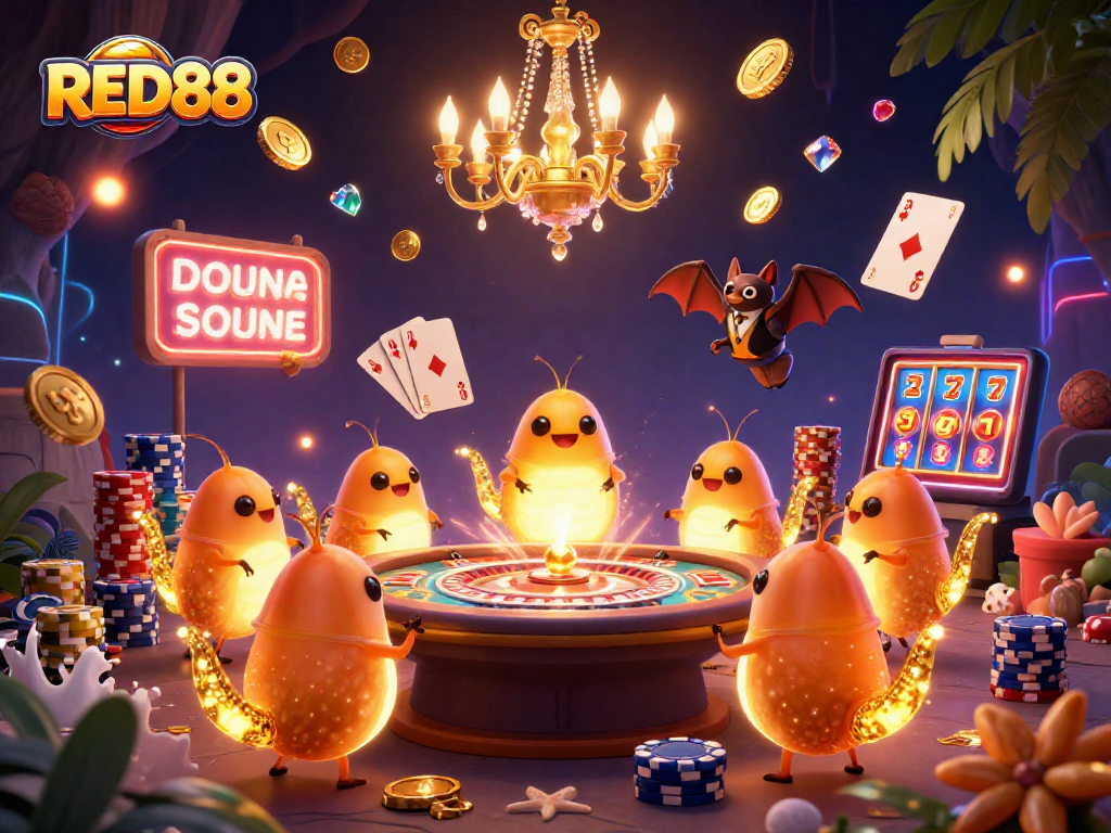 RED88 shines in a vibrant casino scene with glowing worm characters and dynamic game elements.