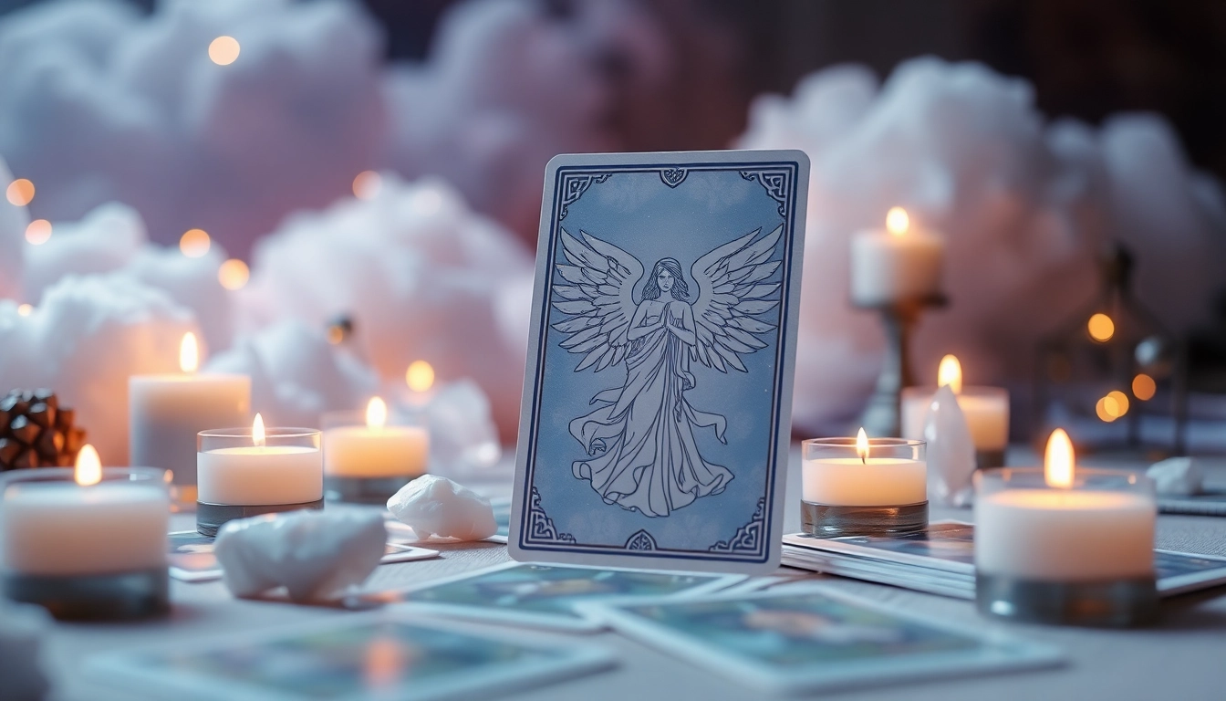 Engel Tarot Karte kostenlos ziehen in mystischer Umgebung mit Kerzen und Kristallen.