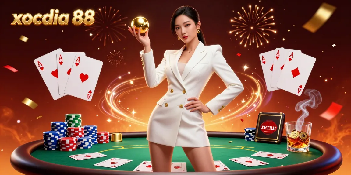 xocdia 88 captivates with its vibrant casino scene featuring a beautiful dealer holding a roulette ball, surrounded by poker elements.