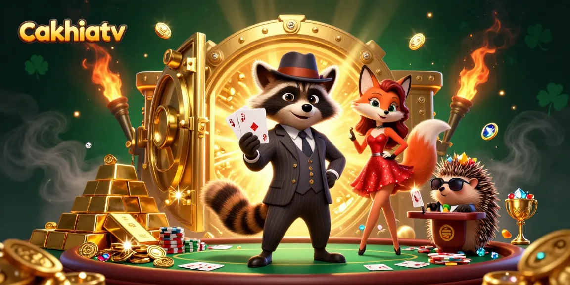 Cakhiatv live poker scene featuring a suave raccoon and a fox in a glitzy casino setting.