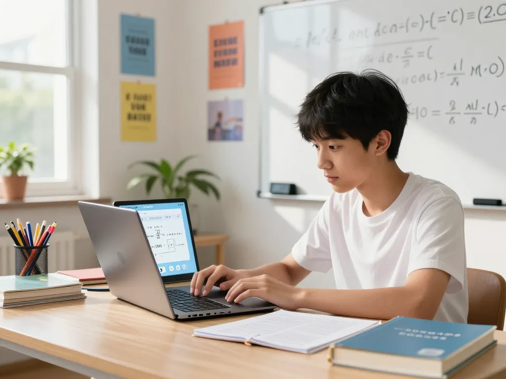 Schüler, der einen AI Hausaufgabenlöser in einem lebhaften Lernraum mit Lehrbüchern und Sonnenlicht nutzt.