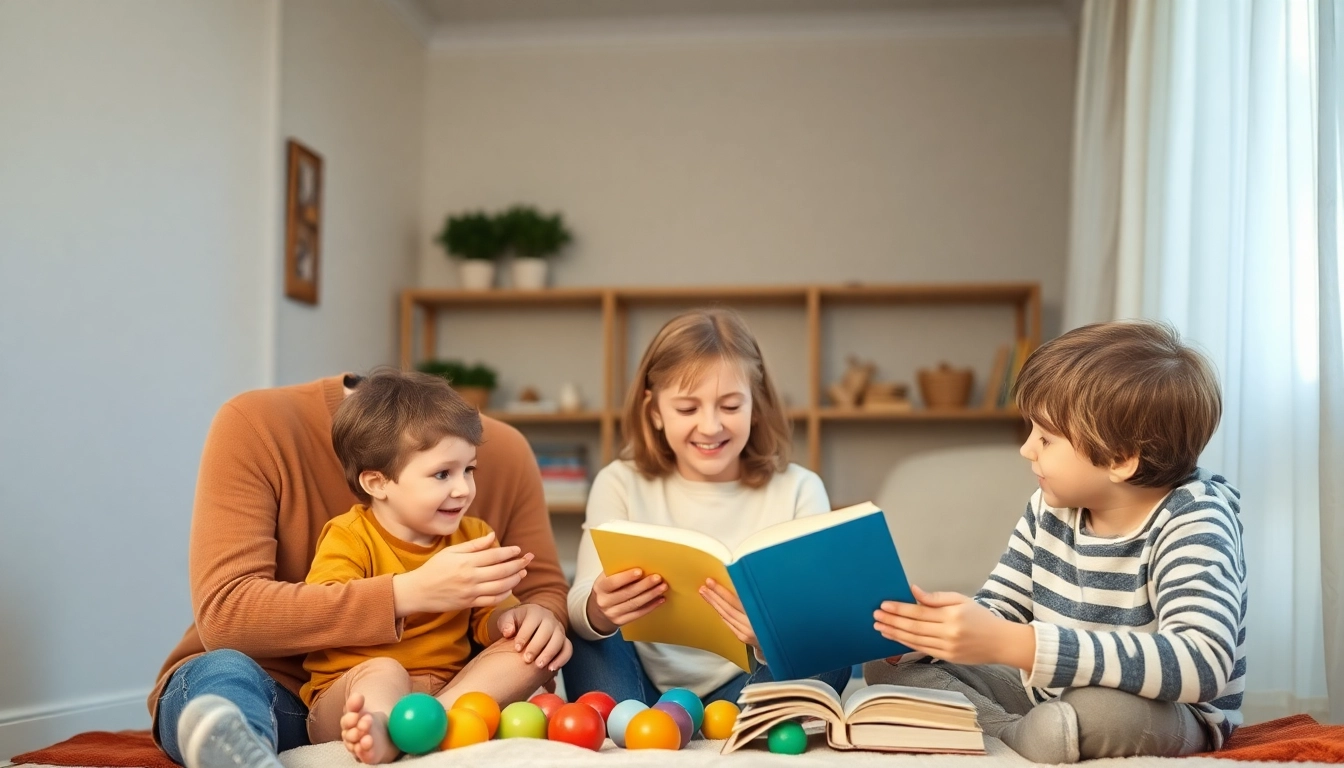 Kindererziehung in einer liebevollen Familienszene mit Eltern und Kindern beim Spielen.