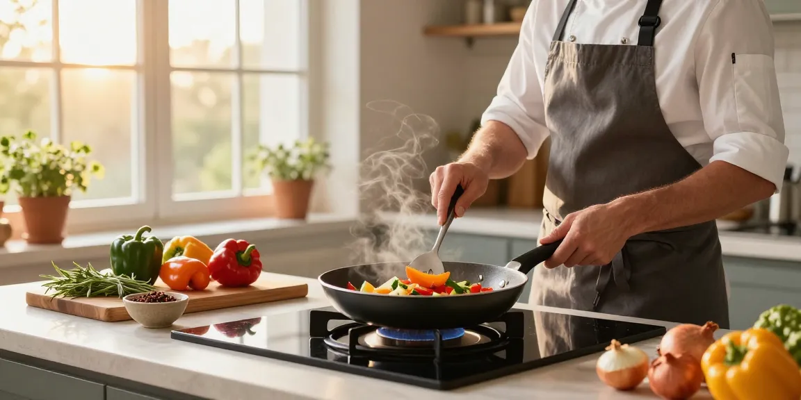 In einer hellen Küche brät ein Koch frische Zutaten in einer PTFE-freien Pfanne an und zeigt eine gesunde Kochweise.