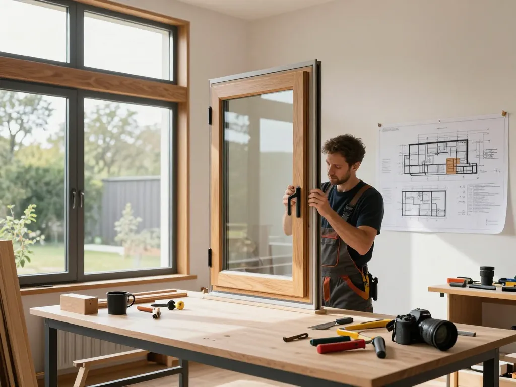Expertenhandwerker konzentriert auf die Installation von Fensterbau in einem modernen architektonischen Umfeld mit natürlichem Licht.