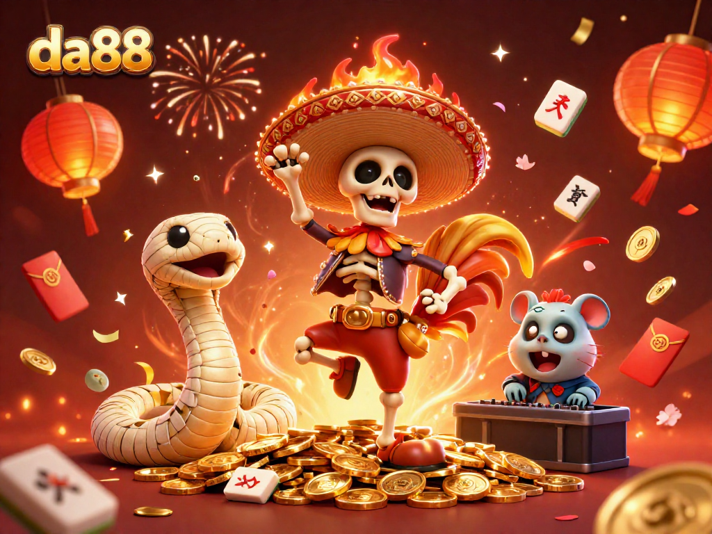 Experience exciting gaming at da88 with a 3D cartoon scene of celebration and vibrant elements.