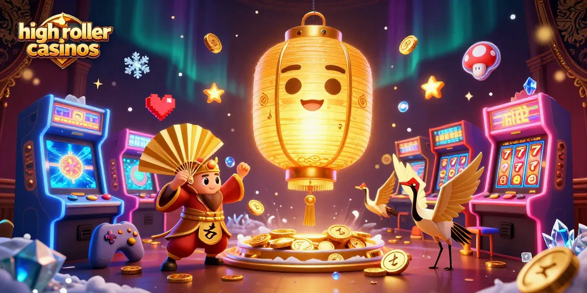 High roller casinos illustration showcasing a golden lantern spirit and vibrant gaming elements.