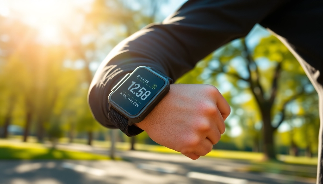 Fitness-Armband showing workout stats during a vibrant outdoor run.