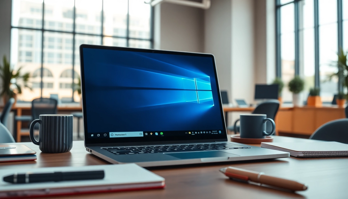 Microsoft Windows 11 Business Edition erwerben auf einem modernen Laptop in einem professionellen Büro.