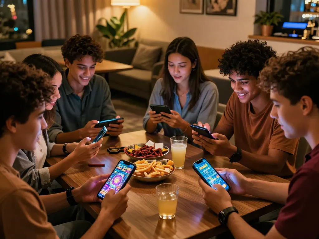 Freunde spielen Online-Casino auf dem Handy in einer gemütlichen Lounge mit Snacks und Getränken.