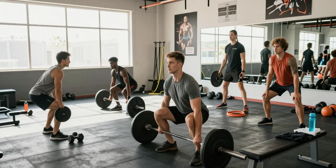 Anabolika Shop showcasing bodybuilders in a fitness studio, demonstrating workout techniques and gym equipment.