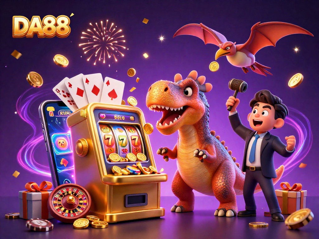 DA88 shows 3D characters erupting with jackpot coins and excitement in a vibrant casino scenario.
