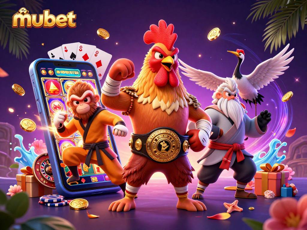 Bet on exciting slots and games with mubet, featuring dynamic characters and vibrant casino elements.