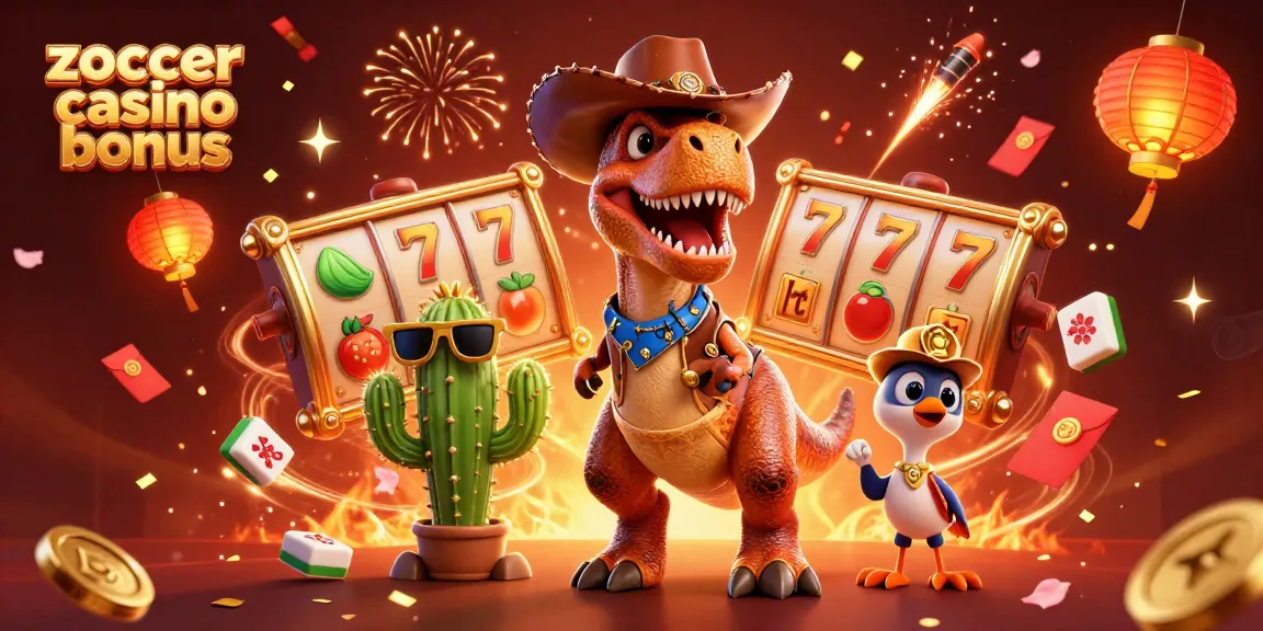Zoccer Casino Bonus Maximieren: 3D Illustration mit Dinosaurier und Spielautomaten für Spieler