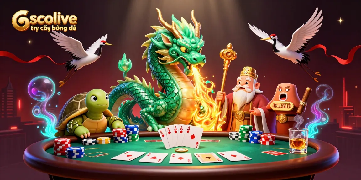 Socolive trực tiếp bóng đá features a vibrant 3D illustration with a jade dragon, turtle sage, and poker elements, enveloped in colorful casino energy.