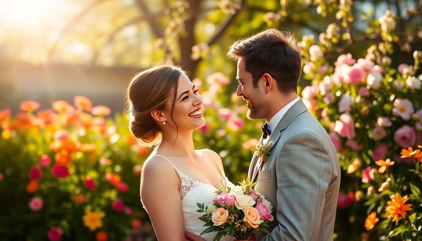 Hochzeitsfotograf München: Newlywed couple joyfully embracing in a sunny garden.