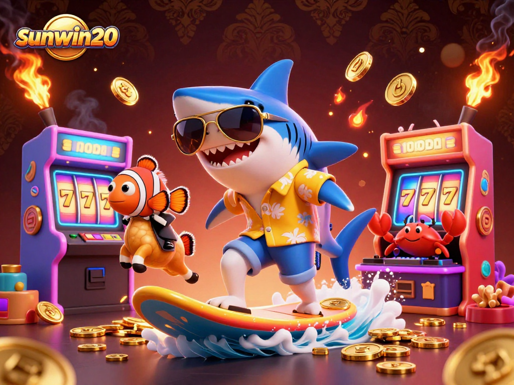 Experience sunwin20's vibrant casino scene with lively characters amongst gold coins and colorful games.