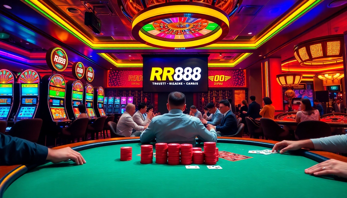 High-stakes poker at RR88 casino with vibrant gaming elements and professional atmosphere