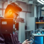 Techniker führt die DGUV V3 Prüfung an elektrischen Geräten in einem modernen Labor durch.