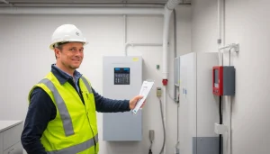 Durchführung einer DGUV V3 Prüfung an elektrischen Geräten in einem Büro, um die Sicherheit zu gewährleisten.