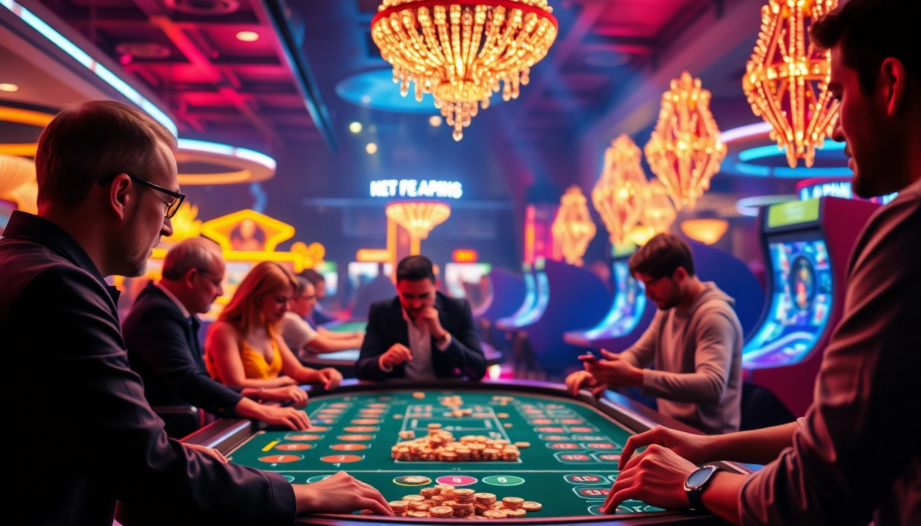 Spielen Sie online casinos echtgeld in einem modernen, aufregenden Ambiente mit Neonlichtern und lebhaften Spielen.