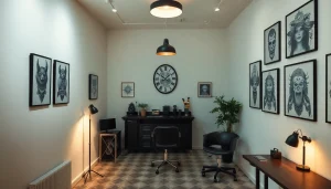 Professionelles Tattoo Studio München, künstlerische Einrichtung mit kreativen Tattoo-Designs.