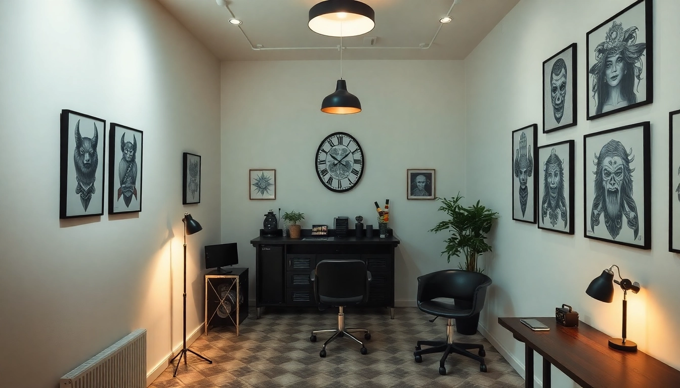 Professionelles Tattoo Studio München, künstlerische Einrichtung mit kreativen Tattoo-Designs.