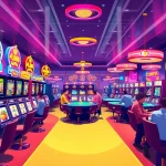 Players enjoying thrilling games at Online Casinos Österreich with vibrant slot machines and card tables.