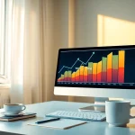 Visualize the concept of Web-Rang with a computer displaying ranking graphs in a modern office.
