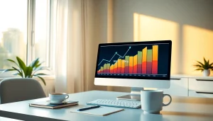 Visualize the concept of Web-Rang with a computer displaying ranking graphs in a modern office.
