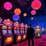 Sichere dir den besten online casino bonus mit einem verlockenden Spielautomaten und festlichen Lichtern im Hintergrund.