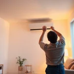 Efficiently Klimaanlagen installieren lassen with expert technician in a stylish living space.