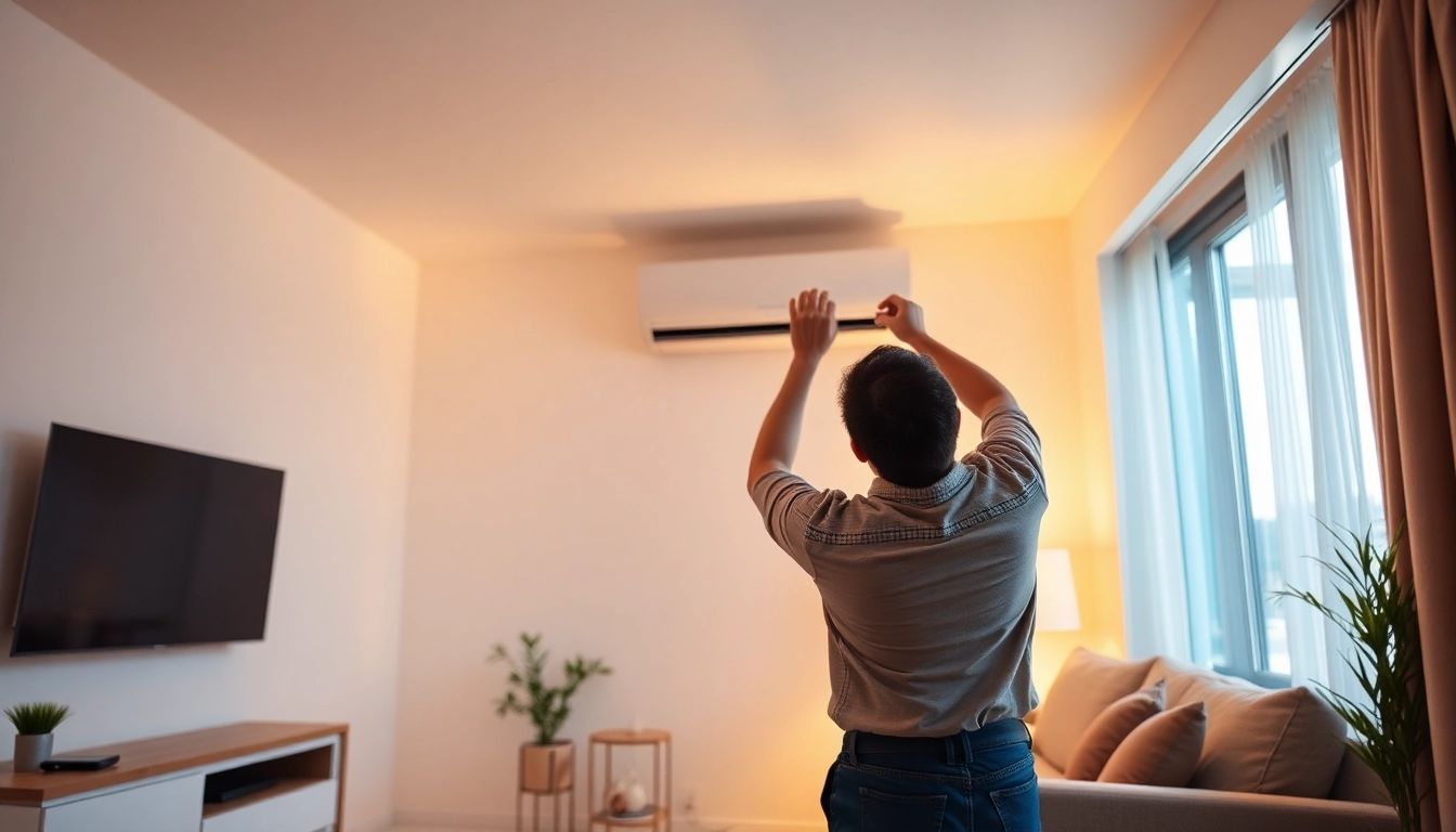 Efficiently Klimaanlagen installieren lassen with expert technician in a stylish living space.